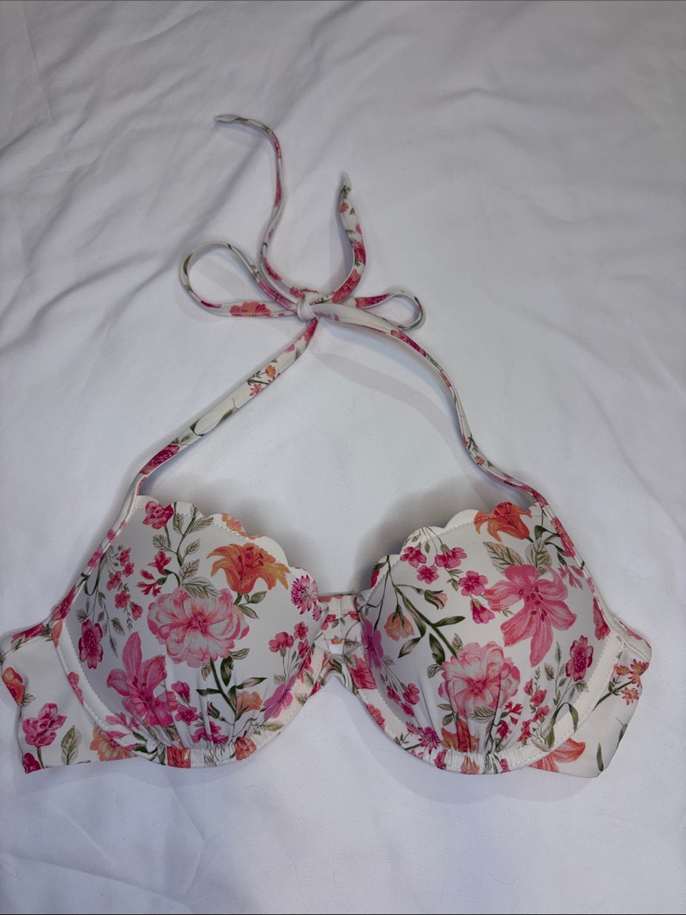 H&M Floral Print Scalloped Edge Bikini Top Halter Tie Padded Push Up Cup 34A